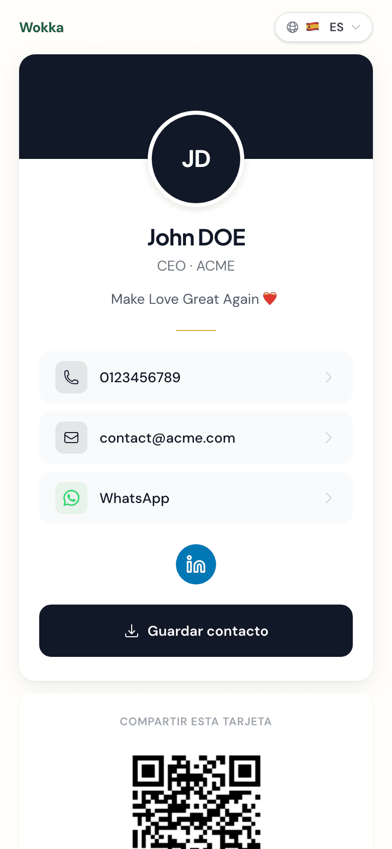 Ejemplo de tarjeta de visita digital Wokka con código QR, foto de perfil y enlaces a redes sociales