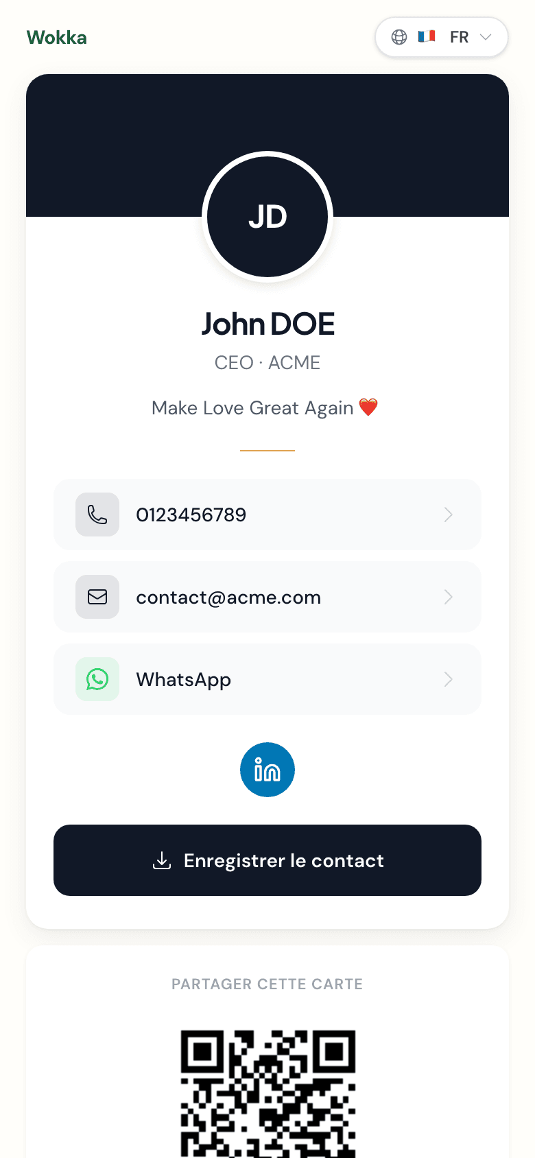 Exemple de carte de visite digitale Wokka avec QR code, photo de profil et liens réseaux sociaux