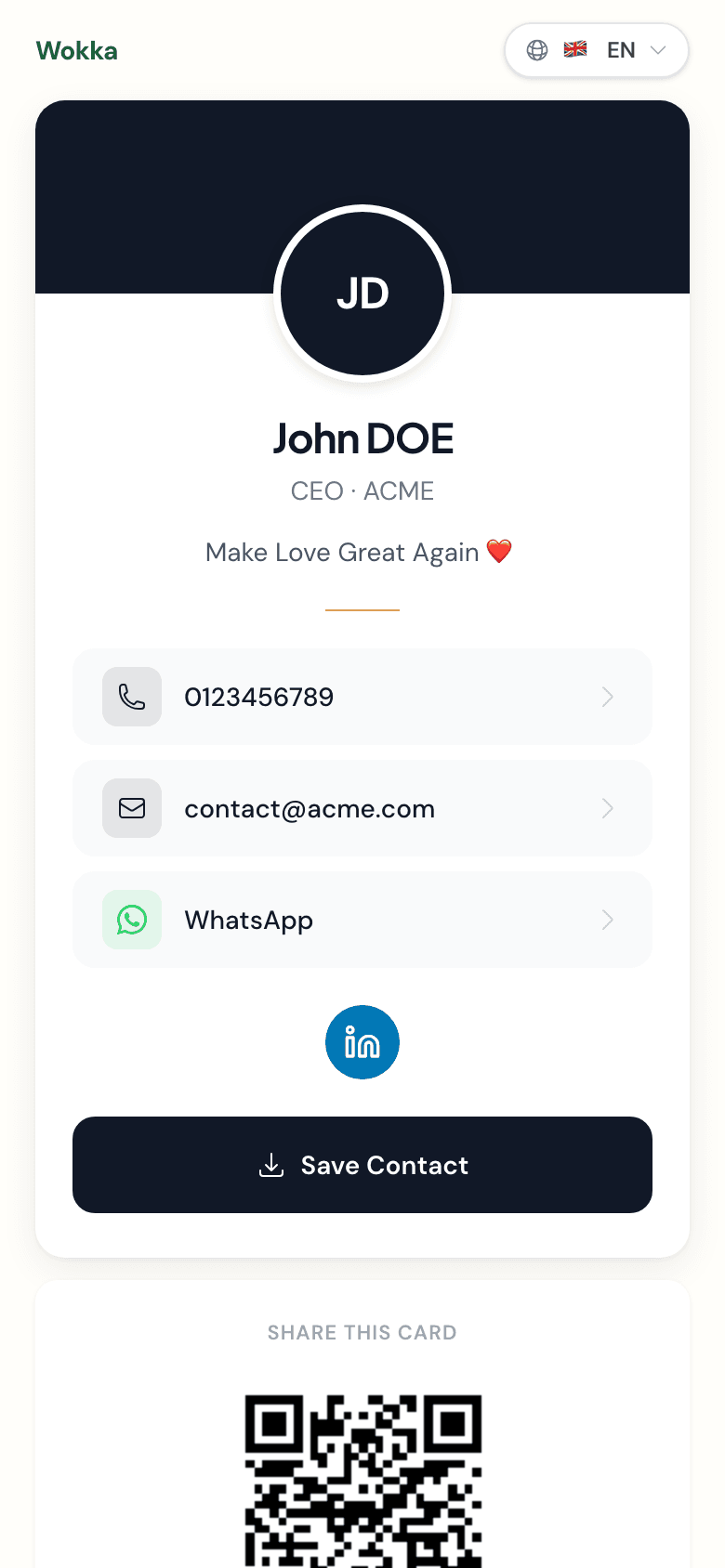 Wokka profile link shared in a professional WhatsApp conversation
